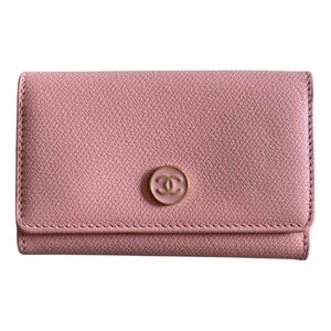 CHANEL Blush Pink Leather Wallet Card Holder with Gold Accents